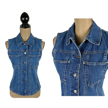 S 90S Fitted Denim Sleeveless Top or Vest, Collared Button Up Back Buckle Chest Pockets, 1990s Clothes Women Vintage Clothing by EDDIE BAUER 