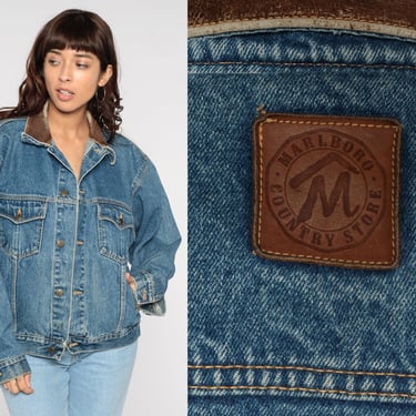 Marlboro Jean Jacket 90s Denim Jacket Leather Collar Jacket Grunge Retro Blue Brown Coat Cigarette Hipster Biker Vintage 1990s Medium M 