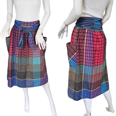 1980s Indian Cotton Plaid Red Blue Skirt I Sz lrg I W: 32