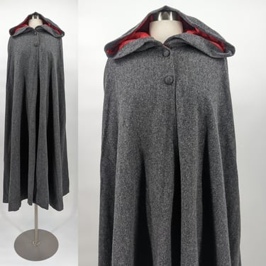 Vintage Gray Wool Hooded Long Cape with Red Lining 