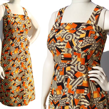 Vintage 60s Dress Mod Cotton Atomic Print Tribal Sundress 
