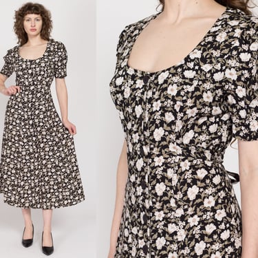 Medium 90s Black & White Floral Grunge Maxi Dress | Vintage Button Up Short Sleeve Tie Back Sundress 