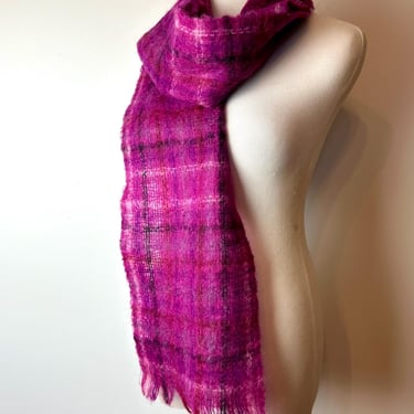 60’s bright vivid fuzzy Mohair scarf~ Mod style Fuchsia colorful plaid Vintage winter weather scarves~ magenta purples 