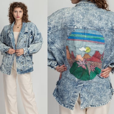 80s Acid Wash Painted Desert Scene Denim Jacket - Medium | Vintage Grunge Retro Oversized Jean Jacket 