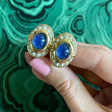 Blue Glass Silver &amp; Gold Plate Diamond Rhinestone Pave Earrings