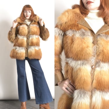 Vintage 1970s Coat / 70s Fox Fur and Leather Jacket / Brown Orange ( S M ) 