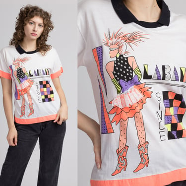 80s La Bamba Dance T Shirt - Medium | Vintage Collared Geometric Dancing Retro Top 