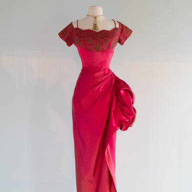 Old Hollywood Glamour Late 1940's Satin Rose Evening Gown, An Original By Rudolf