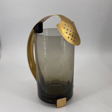 Vintage Barmens Cocktail Shaker Brass Smoked Glass Drink Perforated Strainer Leaf Floral Lotus Motif Mid-Century 