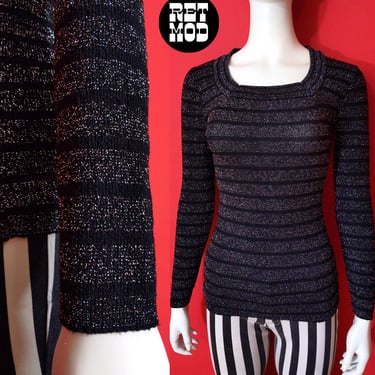 So Cool Vintage 70s Black Silver Lurex Metallic Stripe Knit Sweater Top 