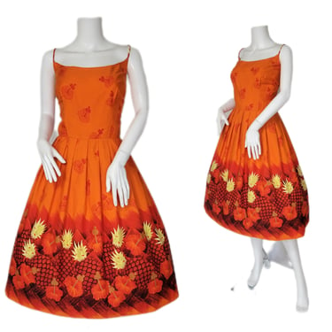 Volup 1950's Orange Cotton Floral Print Hawaiian Circle Skirt Dress I Sz Lrg 