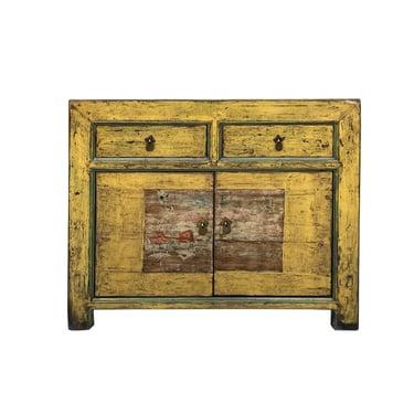 Chinese Distressed Yellow Graphic Sideboard Console Credenza Cabinet cs7751E 