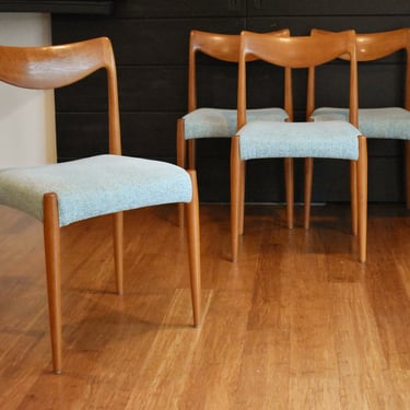 Four newly-restored teak "Bambi" dining chairs w/textured seafoam green upholstered seats, circa 1960s 