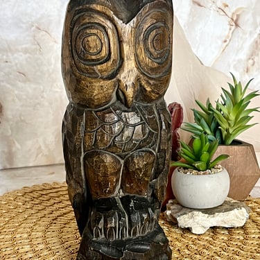 Hand Carved Owl, Rustic, Solic Wood, Dark Finish, All Wood, Woodworking, Vintage Hand Crafted, Sustainable Home Decor 