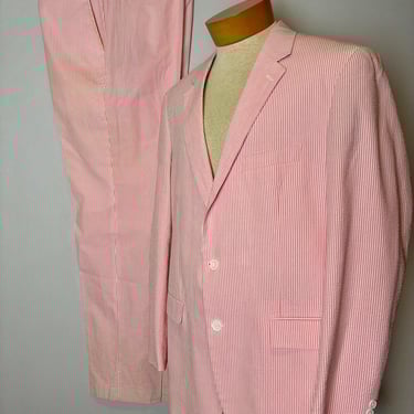 Vintage 80s Alan Flusser Pink Seersucker Suit - Size 46 L Jacket, 38 x 34 Pants 