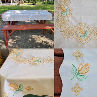 Vintage Hand Embroidered Tablecloth - 50s Home Decor - 50's Decor - Vintage Dining 