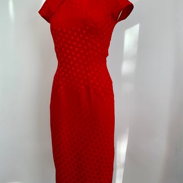 Vintage Cheongsam Dress - Silk Chiffon Jacquard with Polka Dots - Vivid Tomato Red - Silk Lined - Hand Sewn Details  - Size Medium 