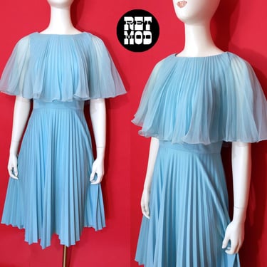 Vintage 70s Light Blue Pleated Capelet Party Dress - as is 