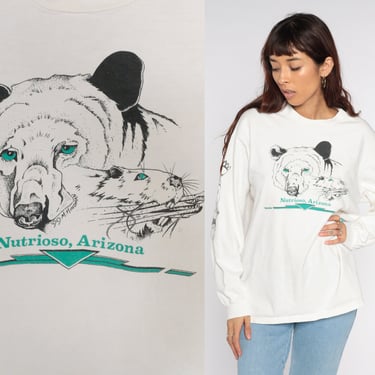 Nutrioso Arizona Shirt 90s Long Sleeve Tshirt Bear Beaver Paw Print Graphic Tee Retro AZ Tourist T Shirt White Vintage 1990s Mens Medium M 