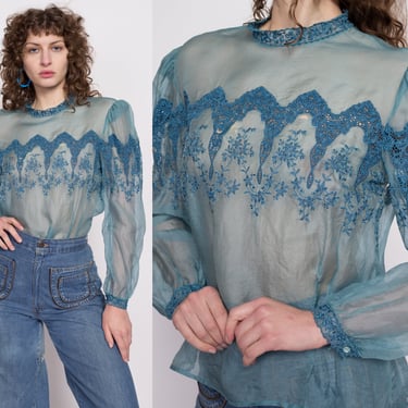 70s Blue Silk Organza Eyelet Blouse, As Is - Medium | Vintage Floral Trim Sheer Long Sleeve Top 