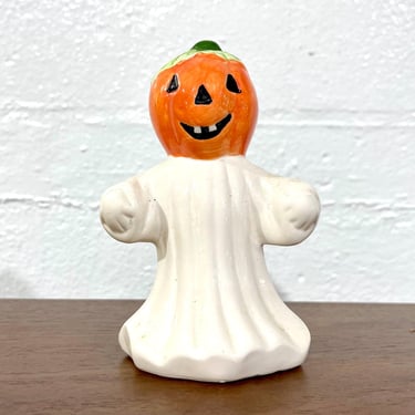 Vintage 1980s Halloween Ceramic Ghost with Jack O' Lantern Head Figurine 