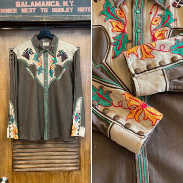 Vintage 1940’s Two-Tone Western Cowboy Embroidery Rockabilly Shirt, “Sam A. Formann” Label, Rare Design, 40’s Vintage Clothing 