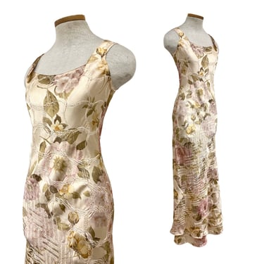 Vtg 90s1990s Katt Tilley Belgin Designer Romantic Satin Floral Maxi Slip Dress 