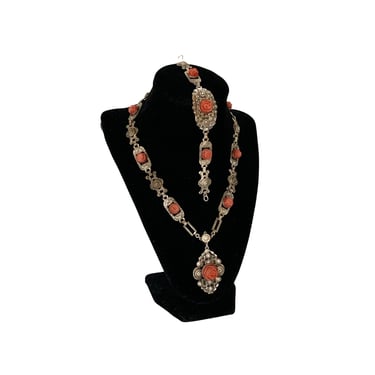 Antique Coral and Silver Necklace and Bracelet Set 