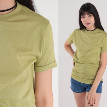Green T-Shirt 80s Tee Retro Basic Plain Tshirt Simple Solid Shirt Single Stitch Short Sleeve Top Minimalist Cotton Vintage 1980s Medium M 