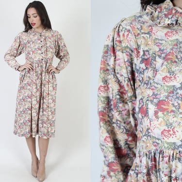 Laura Ashley Designer Dress, All Over Print Floral Corduroy Dress, Vintage 80s Button Up Cord Garden Frock, Size US 10 UK 12 