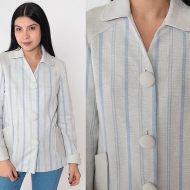 70s Striped Blouse Button up Shirt Retro Long Sleeve Collared Top Blue Grey Vertical Stripes Preppy Pockets Silk Blend Vintage 1970s Medium 