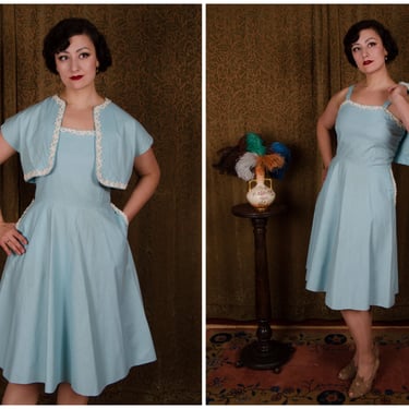 1950s Dress - Cheerful Pressed Cotton 50s Sundress in Robin's Egg Blue with Matching and Daisy Trim 