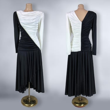 VINTAGE 80s Ruched Black and White Party Dress by Abby Kent Sz 8 | 1980s Color Block Coffin Pleated Dress | Cruella DeVille | VFG 