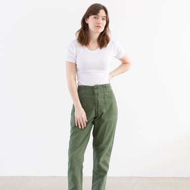 Vintage 30 Waist Olive Green Army Pants | Unisex Utility Fatigues Military Trouser | Zipper Fly | F487 