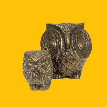 Vintage Brass Owls Retro 1970s Bohemian + Silver MFG + Gold Metal + Set of 2 + Paperweight + Bird Figurines + Nocturnal Animals + Home Decor 