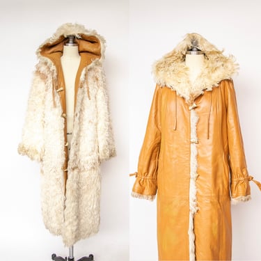1970s Coat Leather Shearling Curly Fur Lamb Reversible Hooded M 