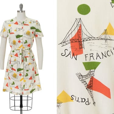 Vintage 1960s Dress | 60s Novelty Print Travel Tourist City Cream Belted Day Dress (small/medium) 