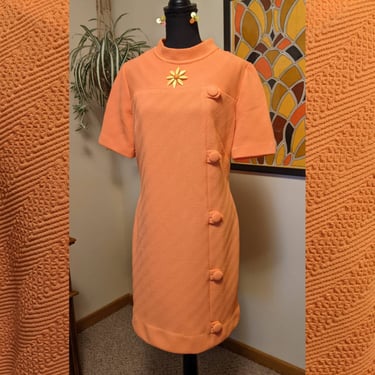 Vintage 1960s Edith Flagg Light Orange Textured Polyester Shift Dress with Button Details 