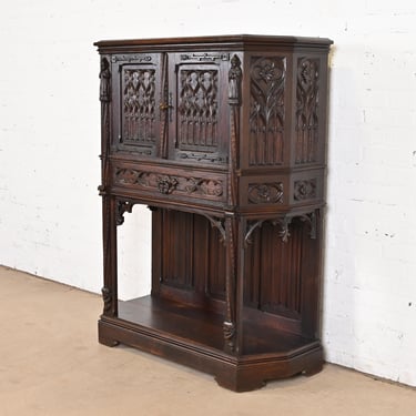 19th Century Belgian Gothic Revival Carved Dark Oak Bar Cabinet