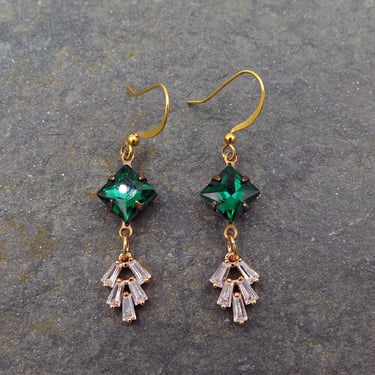 Art Deco Emerald Earrings, Green Diamond Drop Earrings 1920, Emerald Jewelry, Mid Century Modern, May Birthstone 