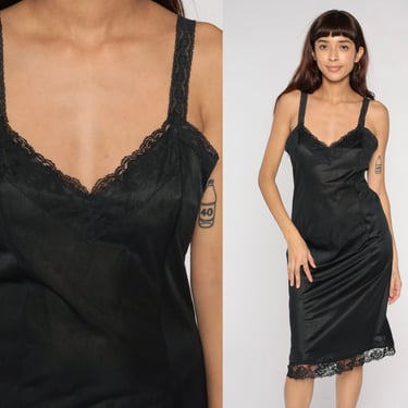 Black Slip Dress 70s Midi Lace Lingerie Gothic Nylon Vintage 1970s Goth Nightgown Spaghetti Strap Medium 36 