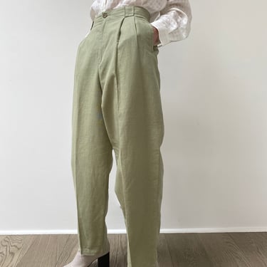 vintage light green linen blend high waisted trousers size 12 petite 