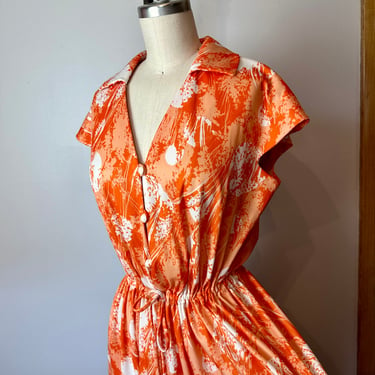 70’s Spring dress~ abstract print ~ cinched waist~ pockets~  Volup plus size dresses~orange & white~ capped sleeves~ XXLG 