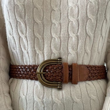Vintage Saks Fifth Avenue Italian Brown Leather Braided Brass Hippie Belt Sz S 
