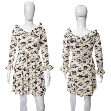 1970's Lanz Cream and Black Hat Lady Printed Long Sleeve Ruffle Detail Dress Size S