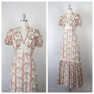 Vintage 1970s floral maxi dress prairie cottagecore victorian revival gunne sax style 