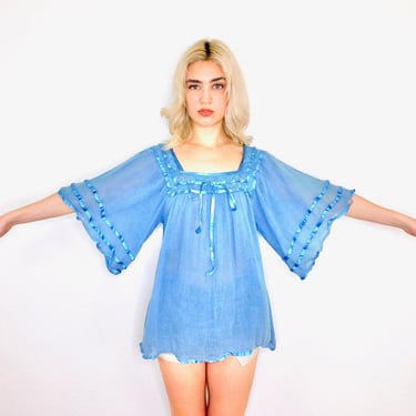 Mexican Gauze Blouse // vintage 70s blue crochet tunic boho hippie hippy 1970s 70's cotton angel sleeves // S/M 