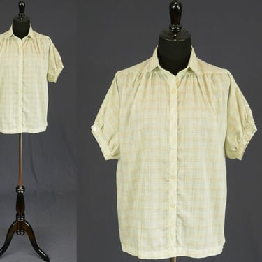 70s 80s Plaid Summer Blouse - Muted Yellow Green Blue - Short Sleeves - Bobbie Brooks - Vintage 1970s 1980s - M 