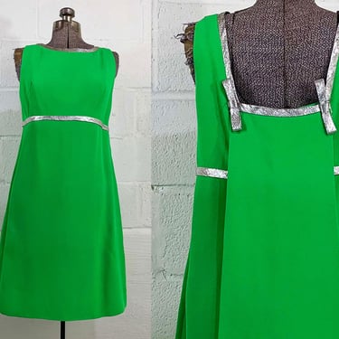 Vintage 60s Kelly Green Mod Dress Silver Bow Trim Mad Men Megan Draper Sleeveless Cocktail Party Prom Go-Go Girl Draped Cape 1960s Small 
