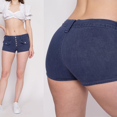 70s Dark Wash Low Rise Jean Shorts - Small | Vintage Cotton Denim Retro Hot Pants 